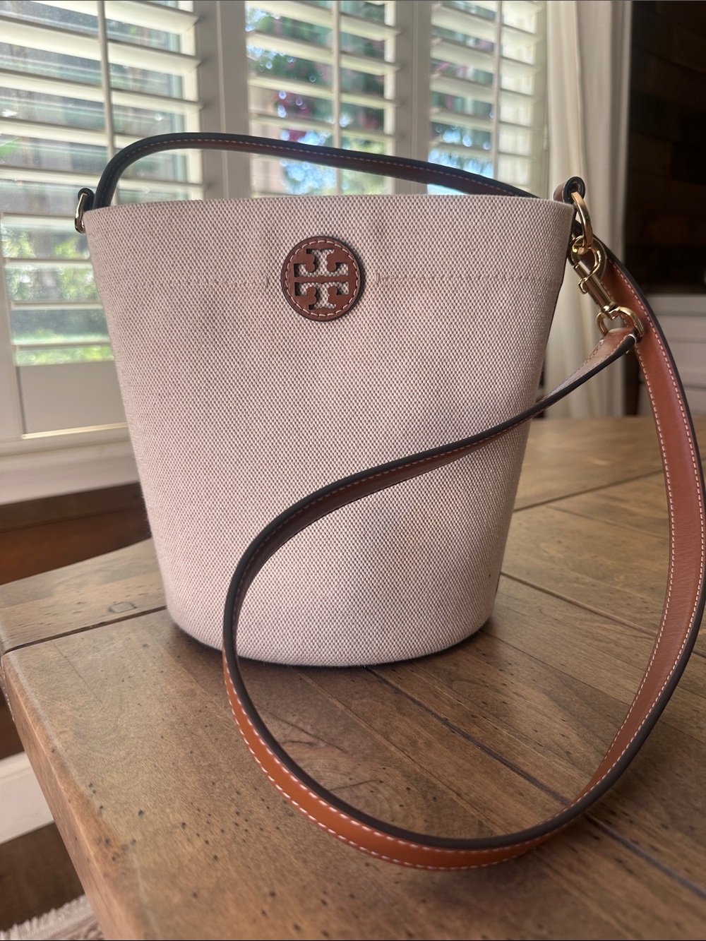Tory Burch Light Beige Canvas Bucket Bag with Brown Leather Trim